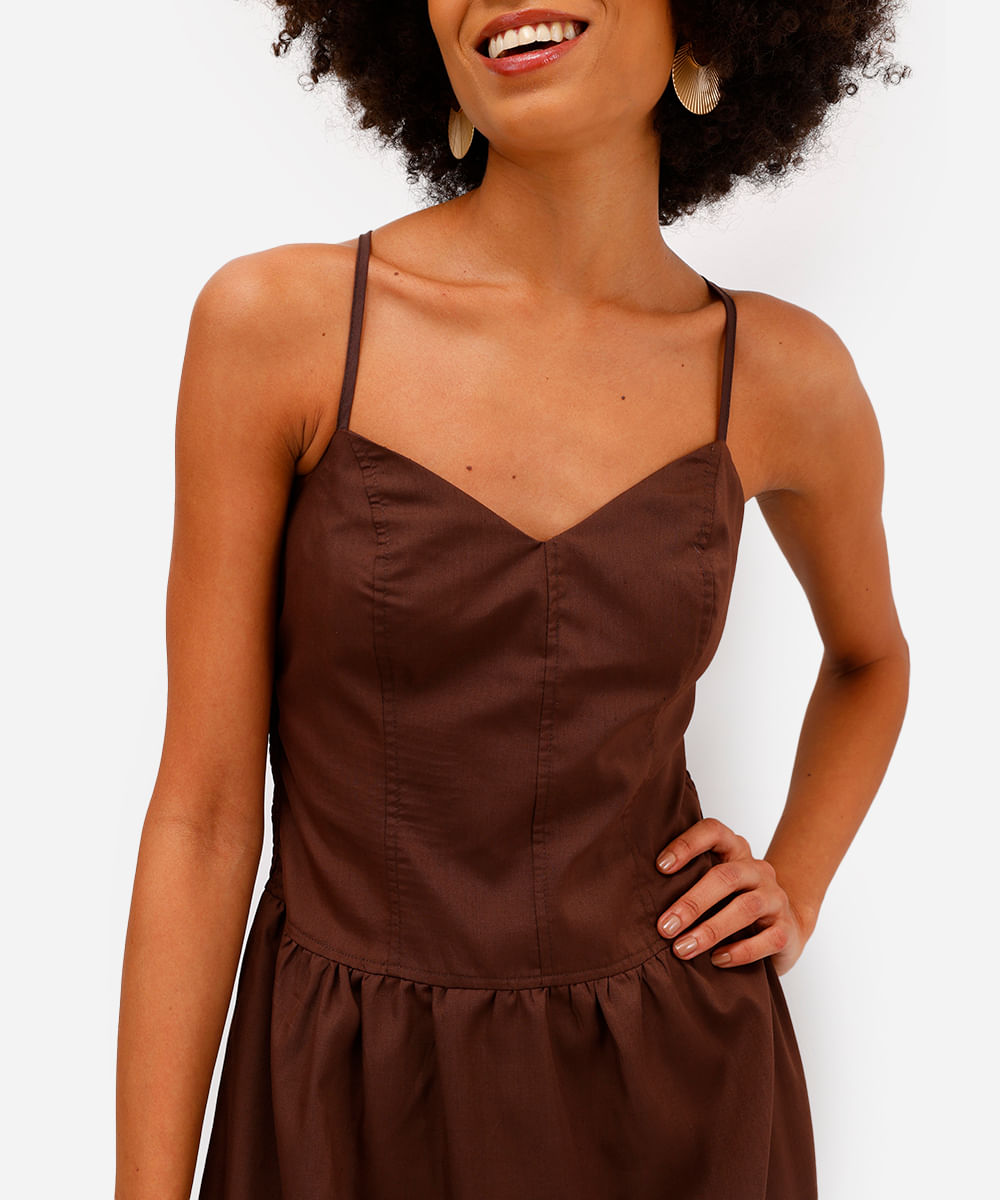 vestido feminino longo cintura alongada com alça fina - marrom