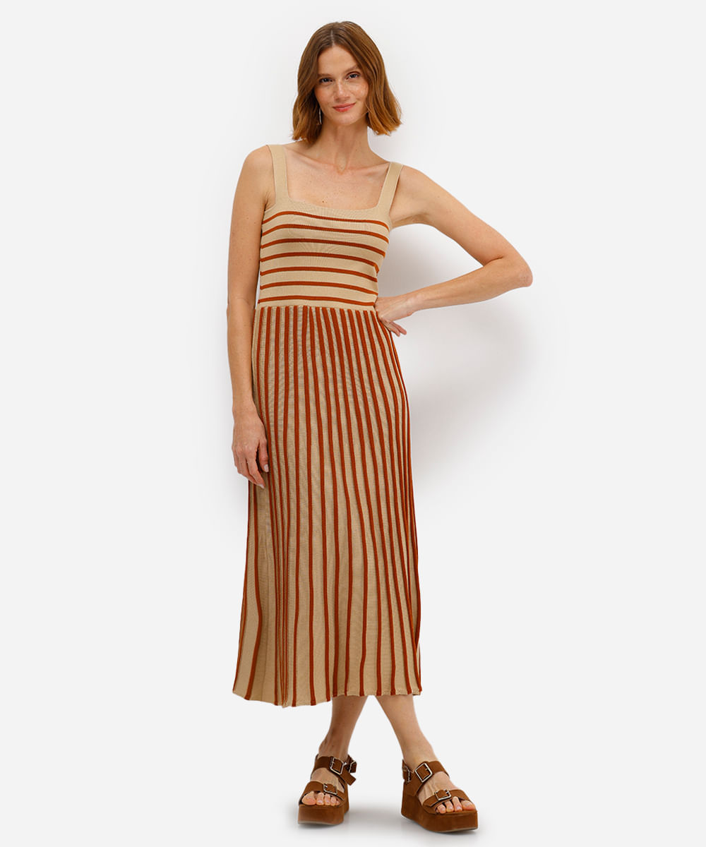 vestido midi feminino de tricot listrado - bege