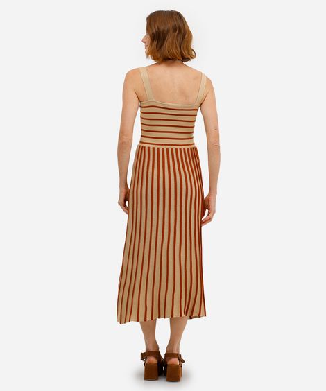 vestido midi feminino de tricot listrado - bege