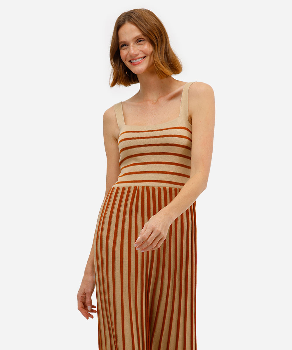 vestido midi feminino de tricot listrado - bege