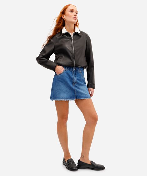 minissaia feminina jeans barra desfiada azul