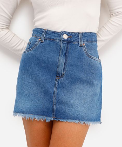 minissaia feminina jeans barra desfiada azul