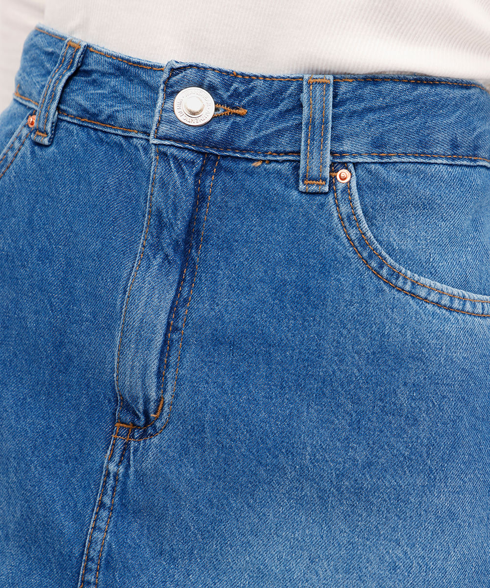 minissaia feminina jeans barra desfiada azul