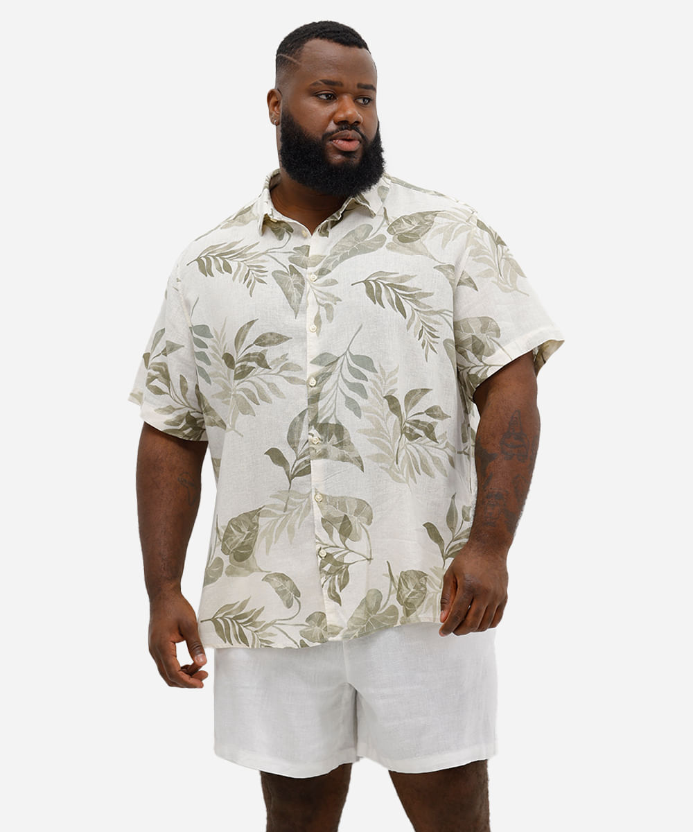 camisa comfort masculina com linho folhagens plus size branca