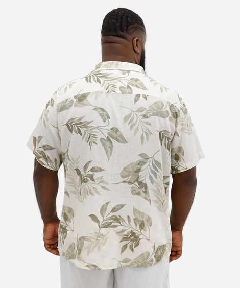 camisa comfort masculina com linho folhagens plus size branca