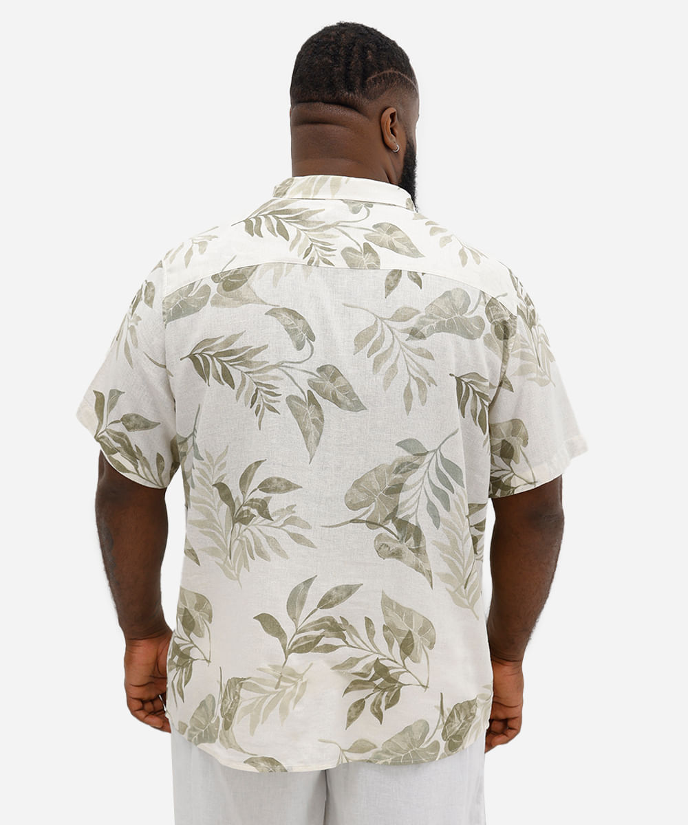camisa comfort masculina com linho folhagens plus size branca