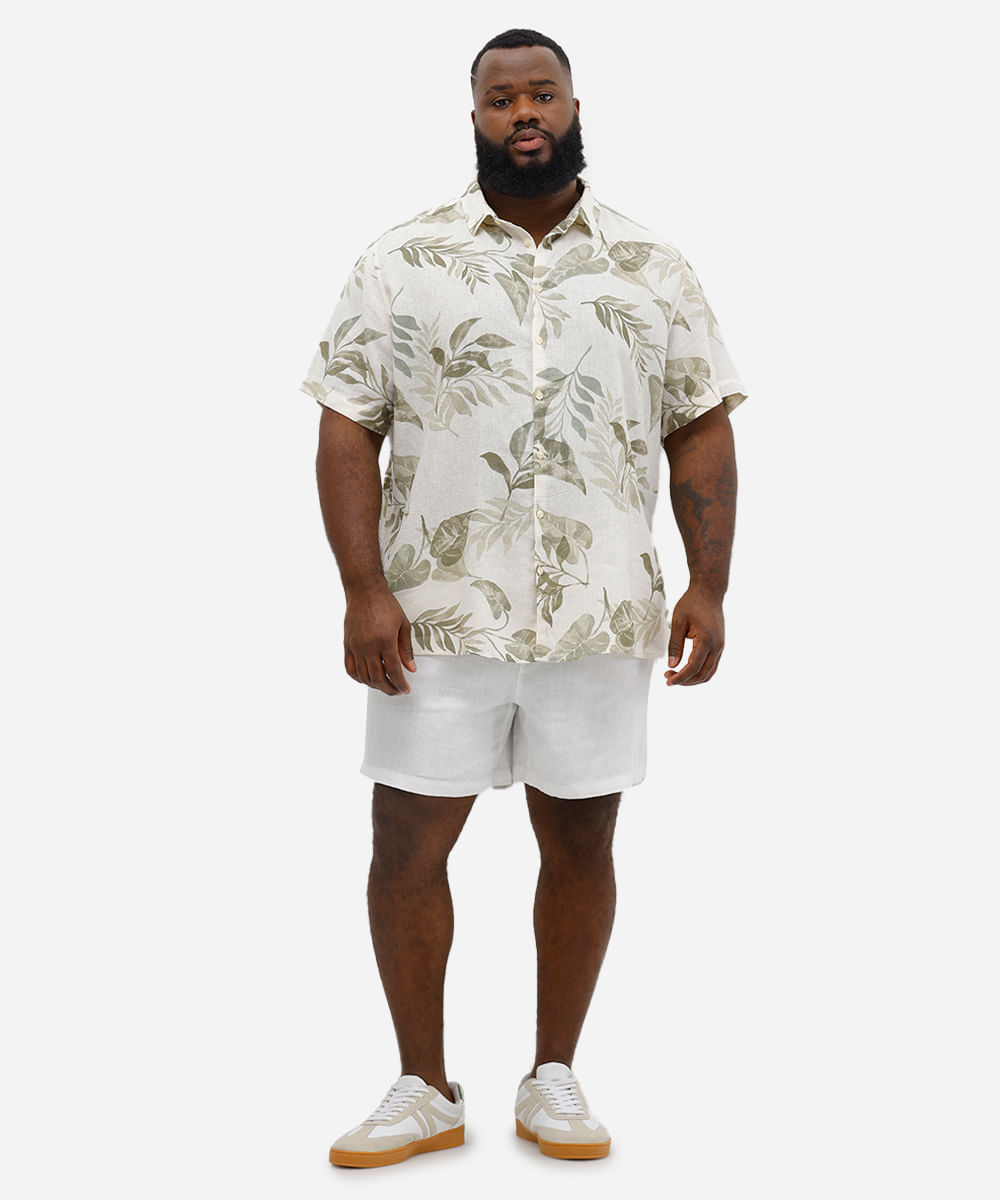 camisa comfort masculina com linho folhagens plus size branca