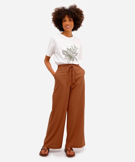 calça pantalona feminina com linho cós elástico - marrom escuro