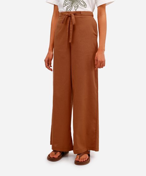 calça pantalona feminina com linho cós elástico - marrom escuro