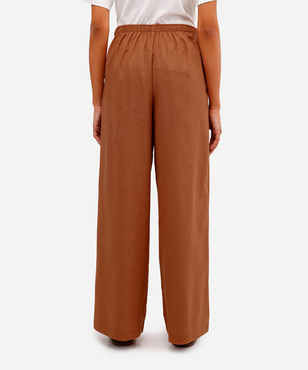 calça pantalona feminina com linho cós elástico - marrom escuro