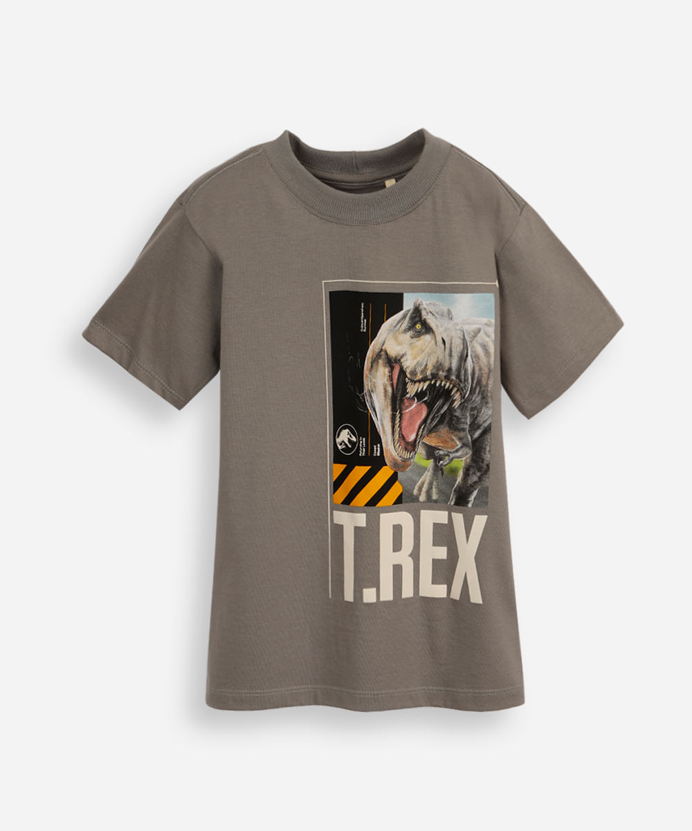 camiseta infantil manga curta jurassic t-rex cinza