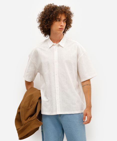 camisa masculina de algodão bordada floral off white