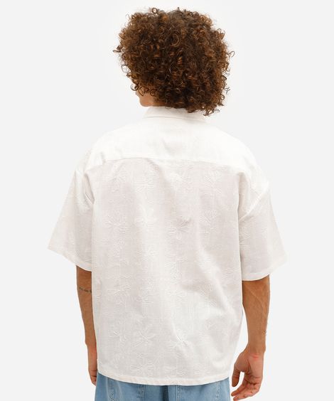 camisa masculina de algodão bordada floral off white