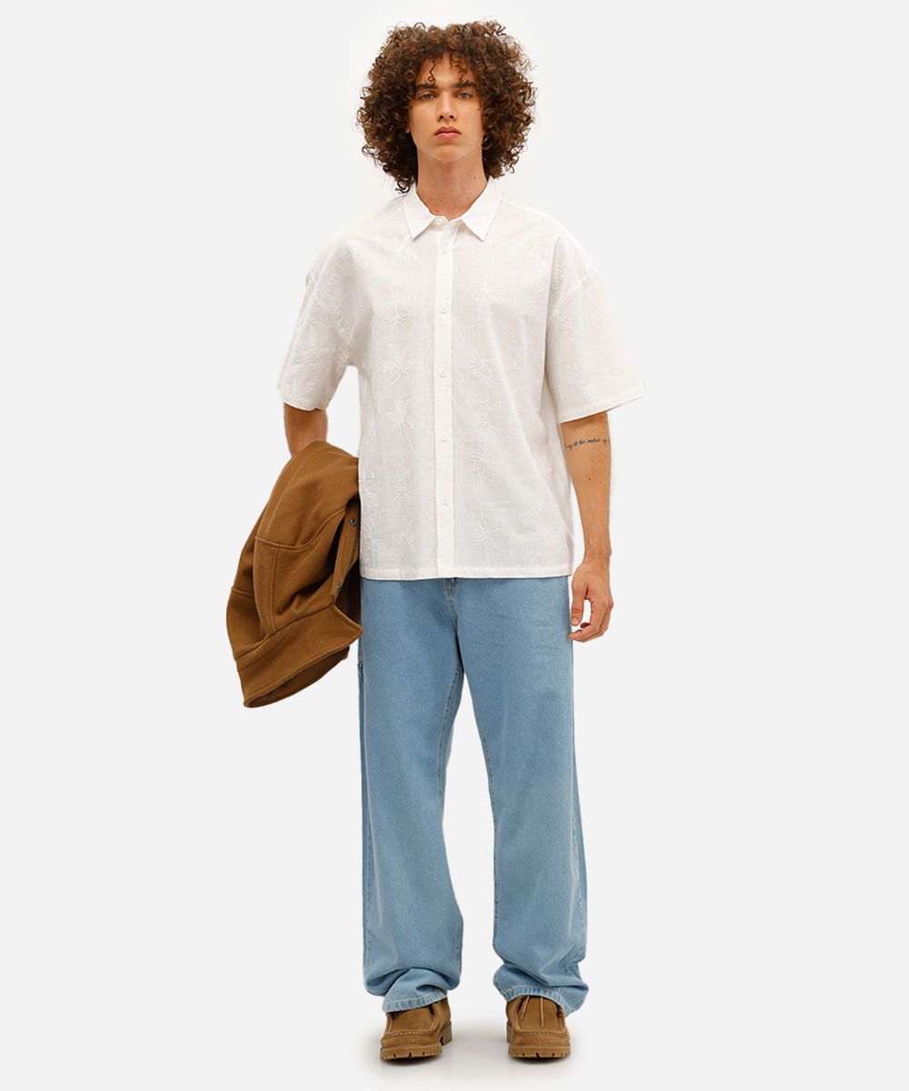 camisa masculina de algodão bordada floral off white