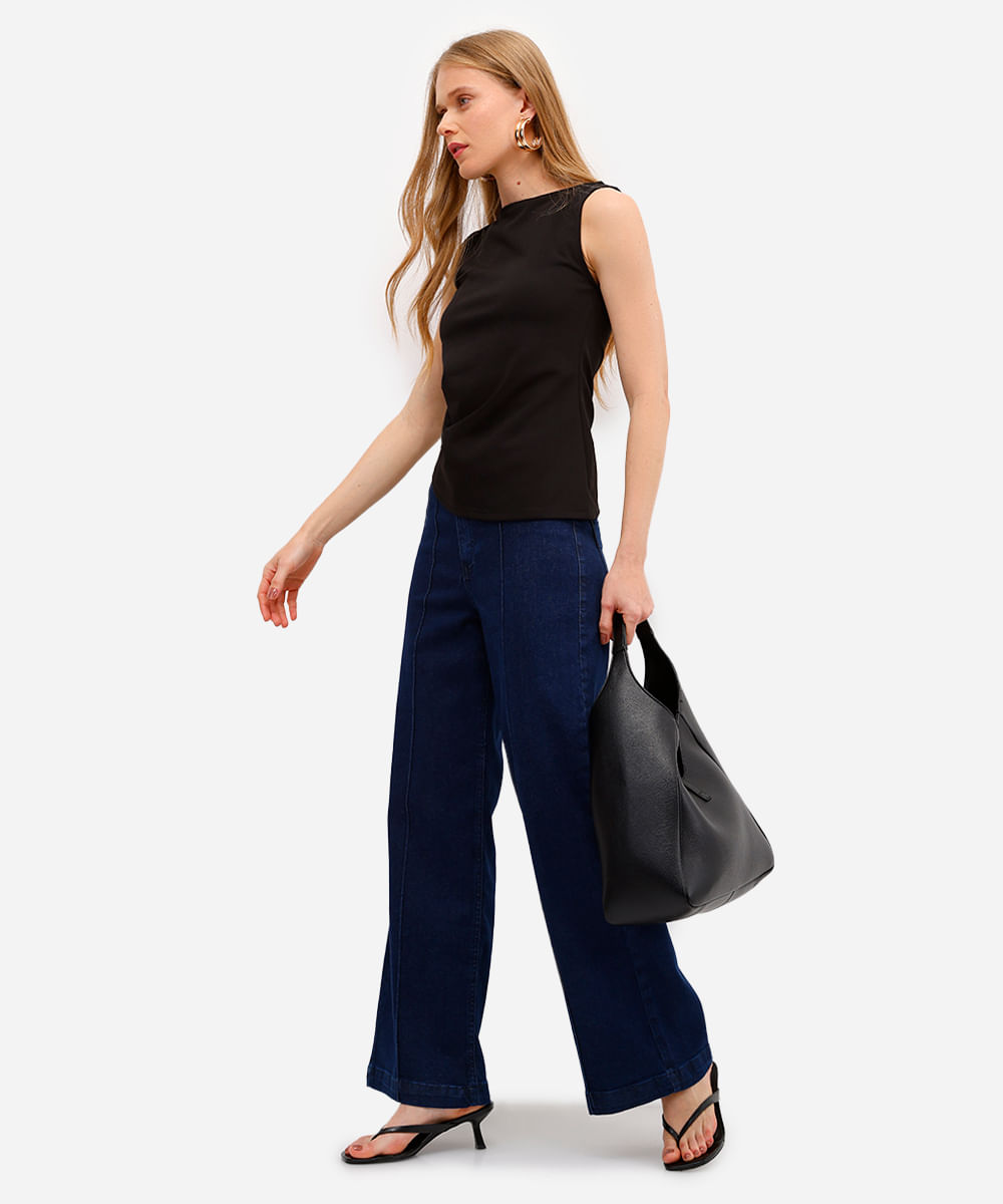 regata feminina texturizada com pregas preto