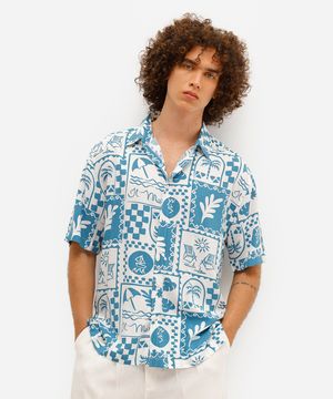 camisa masculina manga curta estampada viscose azul