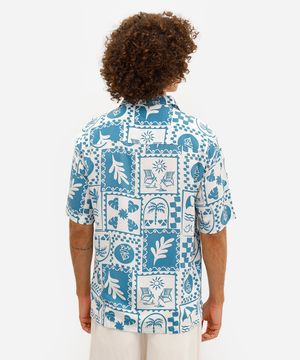 camisa masculina manga curta estampada viscose azul
