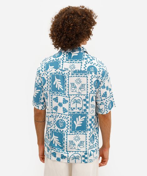 camisa masculina manga curta estampada viscose azul