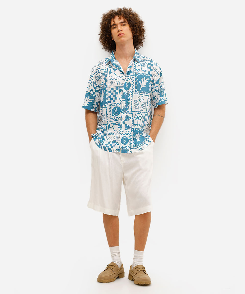 camisa masculina manga curta estampada viscose azul