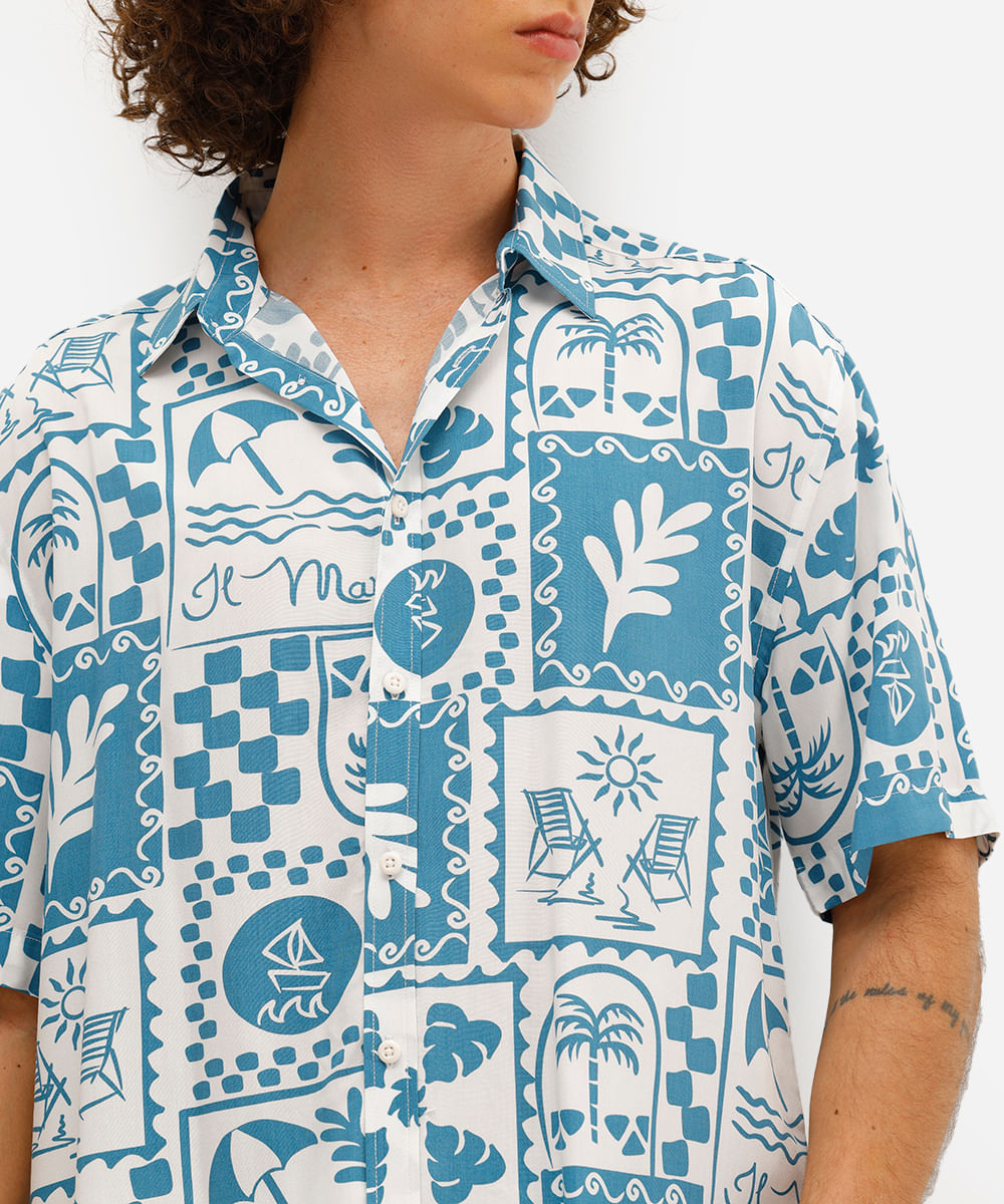 camisa masculina manga curta estampada viscose azul