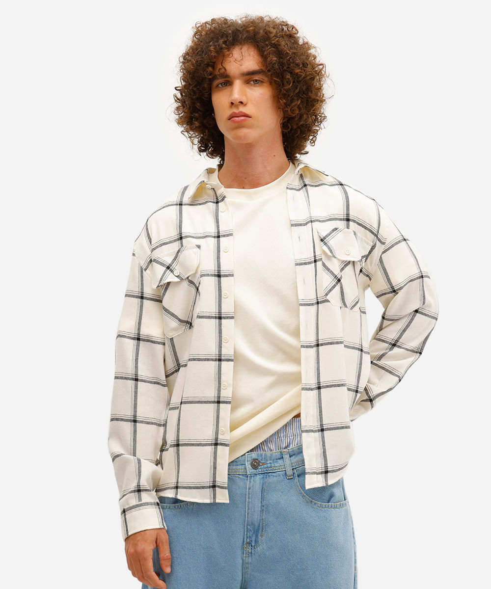 camisa masculina manga longa xadrez off white