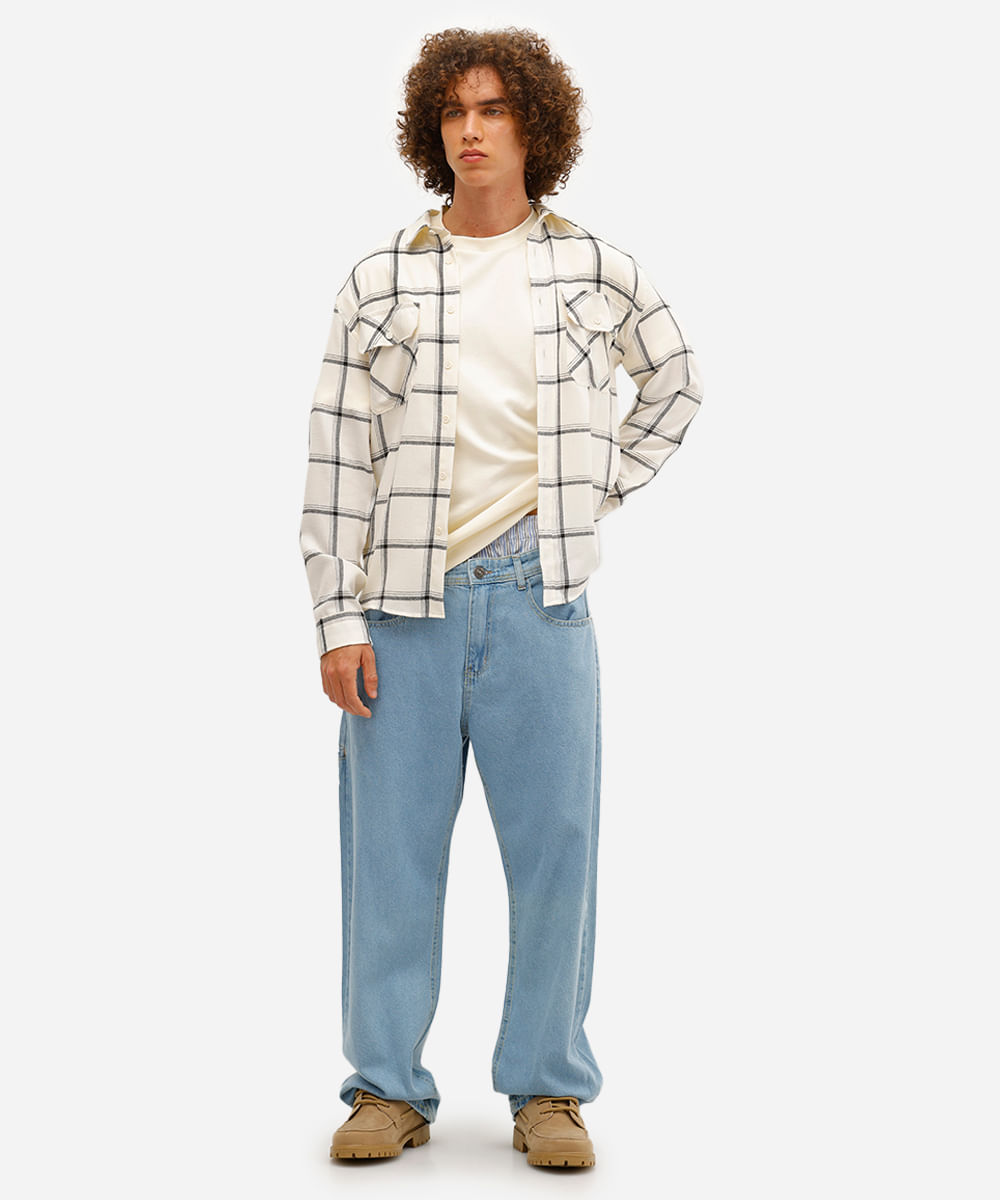 camisa masculina manga longa xadrez off white