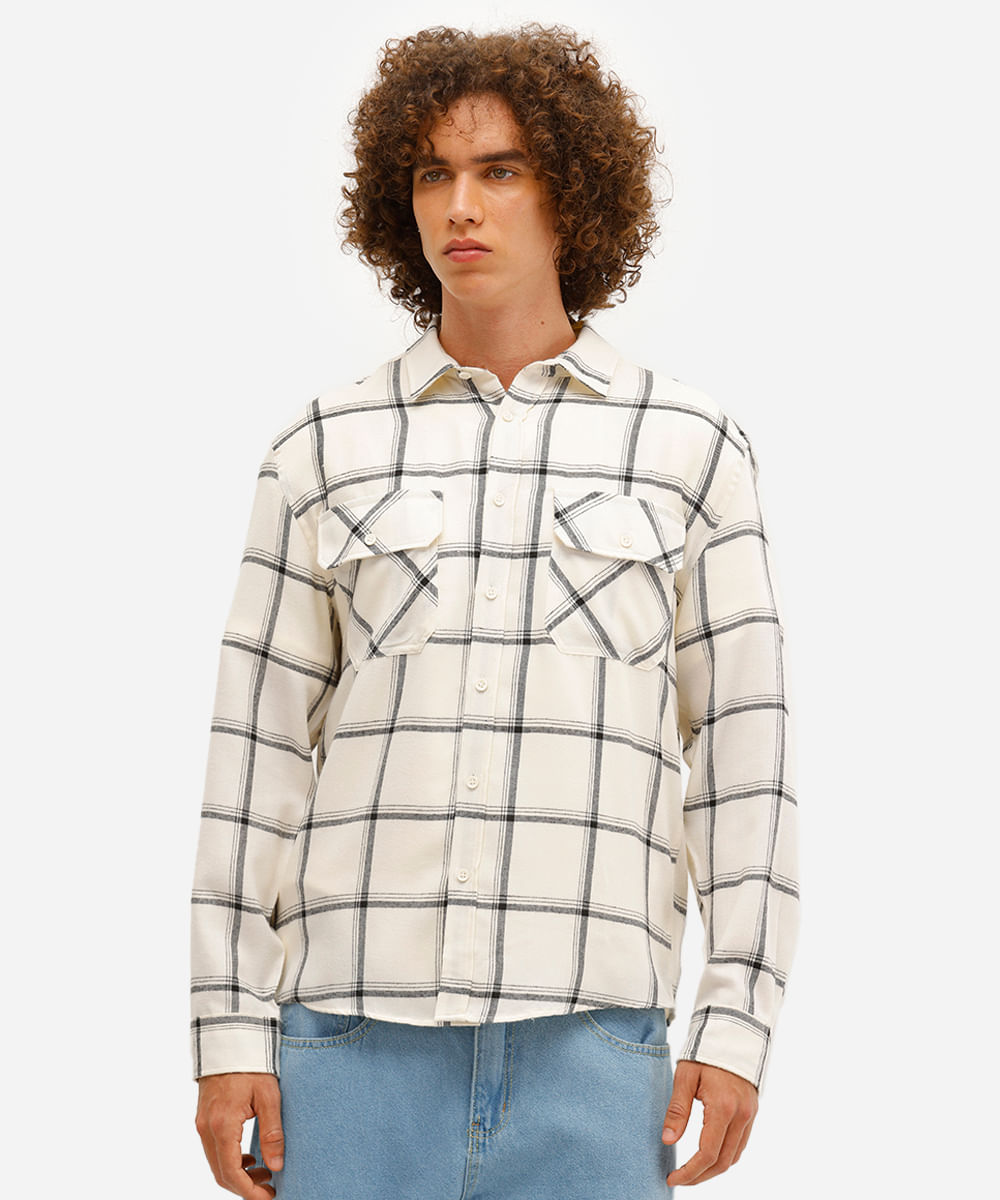 camisa masculina manga longa xadrez off white