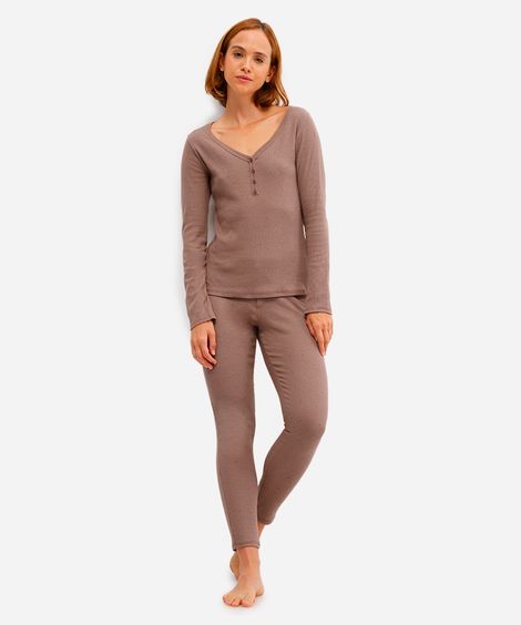 pijama longo com camiseta manga longa em ribana  botonê marrom