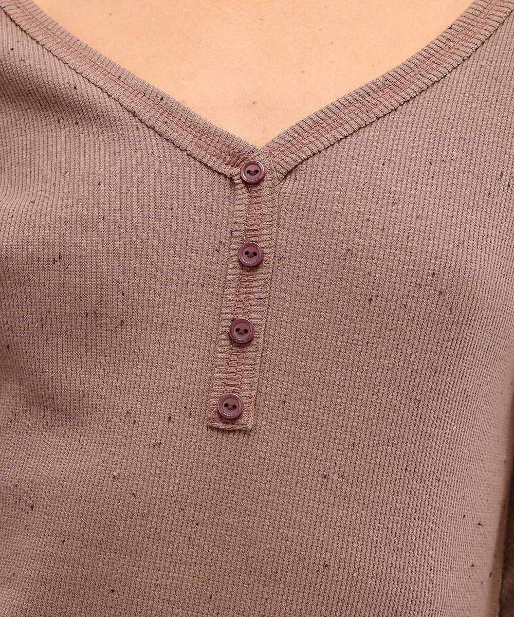 pijama longo com camiseta manga longa em ribana  botonê marrom