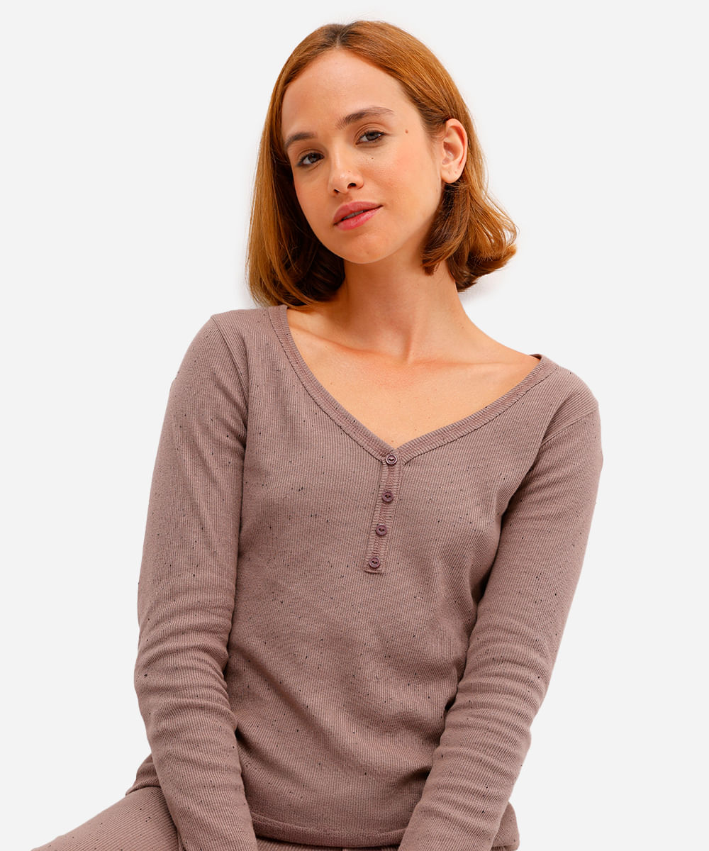 pijama longo com camiseta manga longa em ribana  botonê marrom