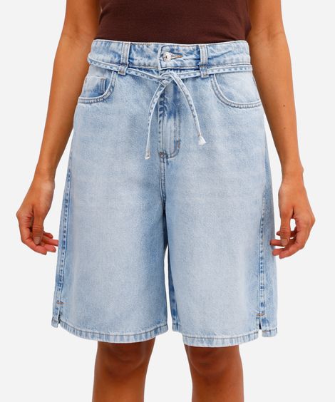 bermuda jeans feminina relaxed cintura média com cordão azul