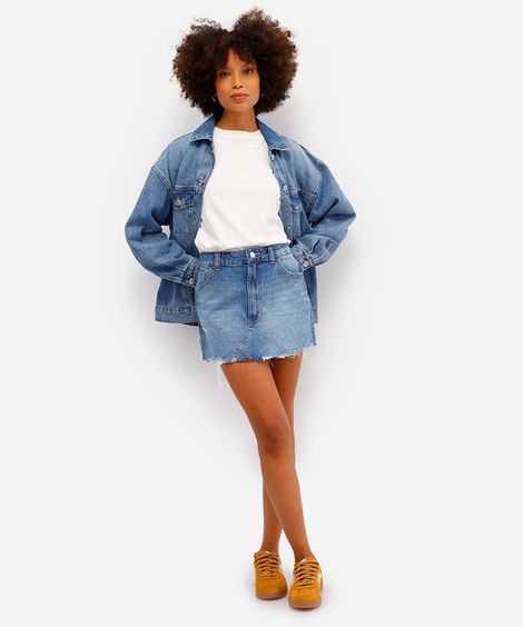 minissaia feminina jeans barra desfiada azul