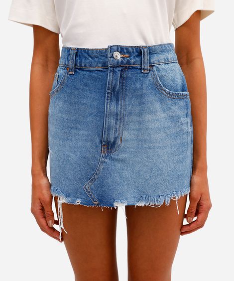 minissaia feminina jeans barra desfiada azul