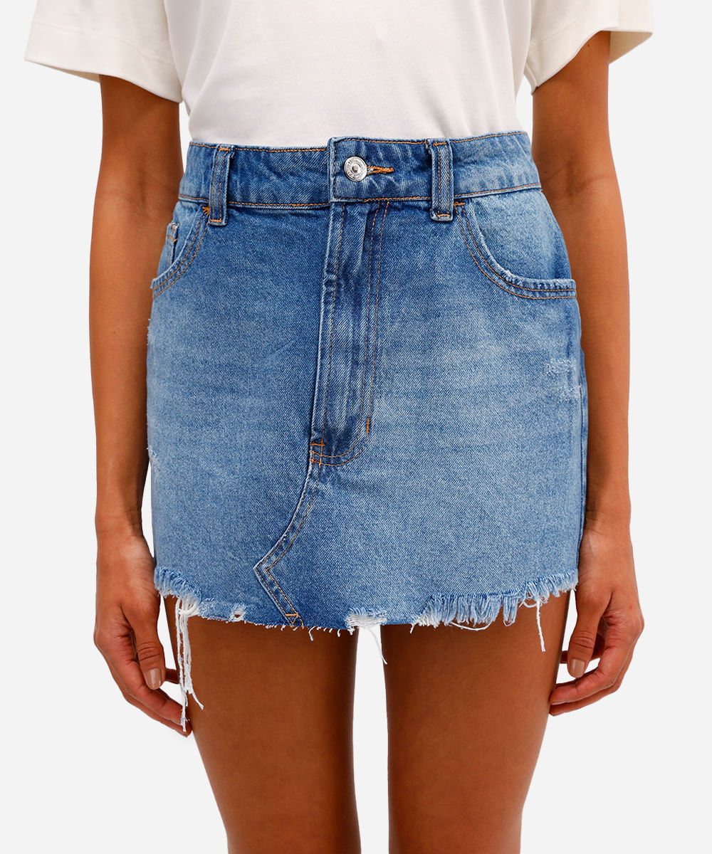 minissaia feminina jeans barra desfiada azul