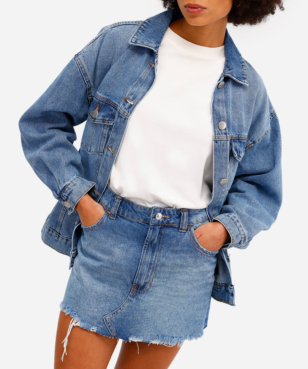minissaia feminina jeans barra desfiada azul