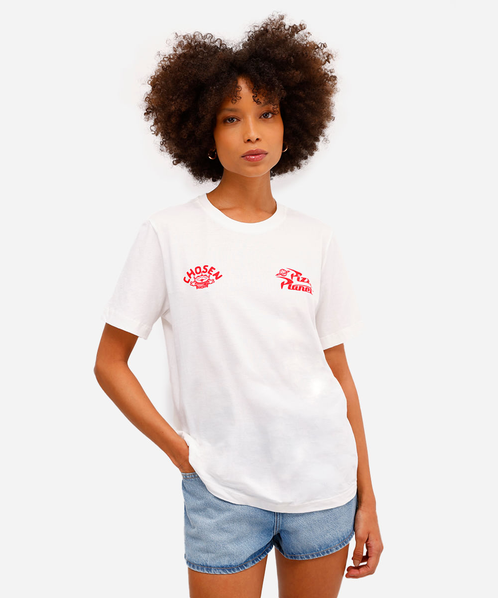 camiseta feminina de algodão pizza planet off white