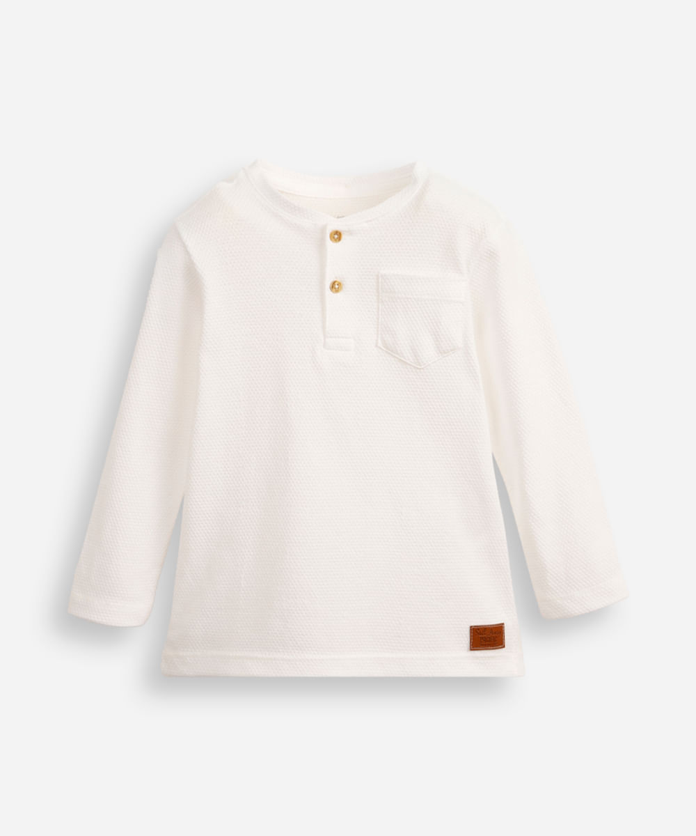 camiseta infantil texturizada manga longa com bolso azul marinho - off white
