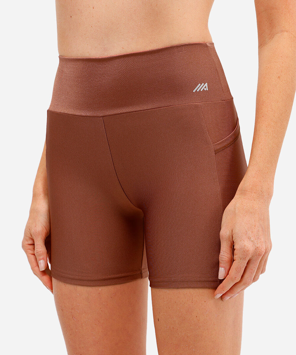 bermuda brilho com bolso cintura alta esportiva bronze
