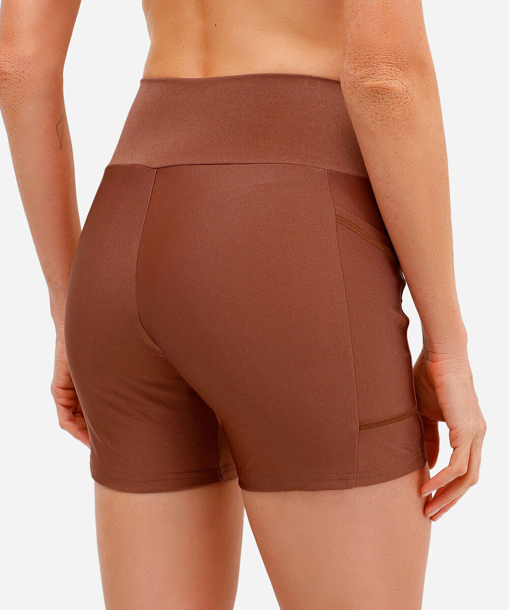 bermuda brilho com bolso cintura alta esportiva bronze