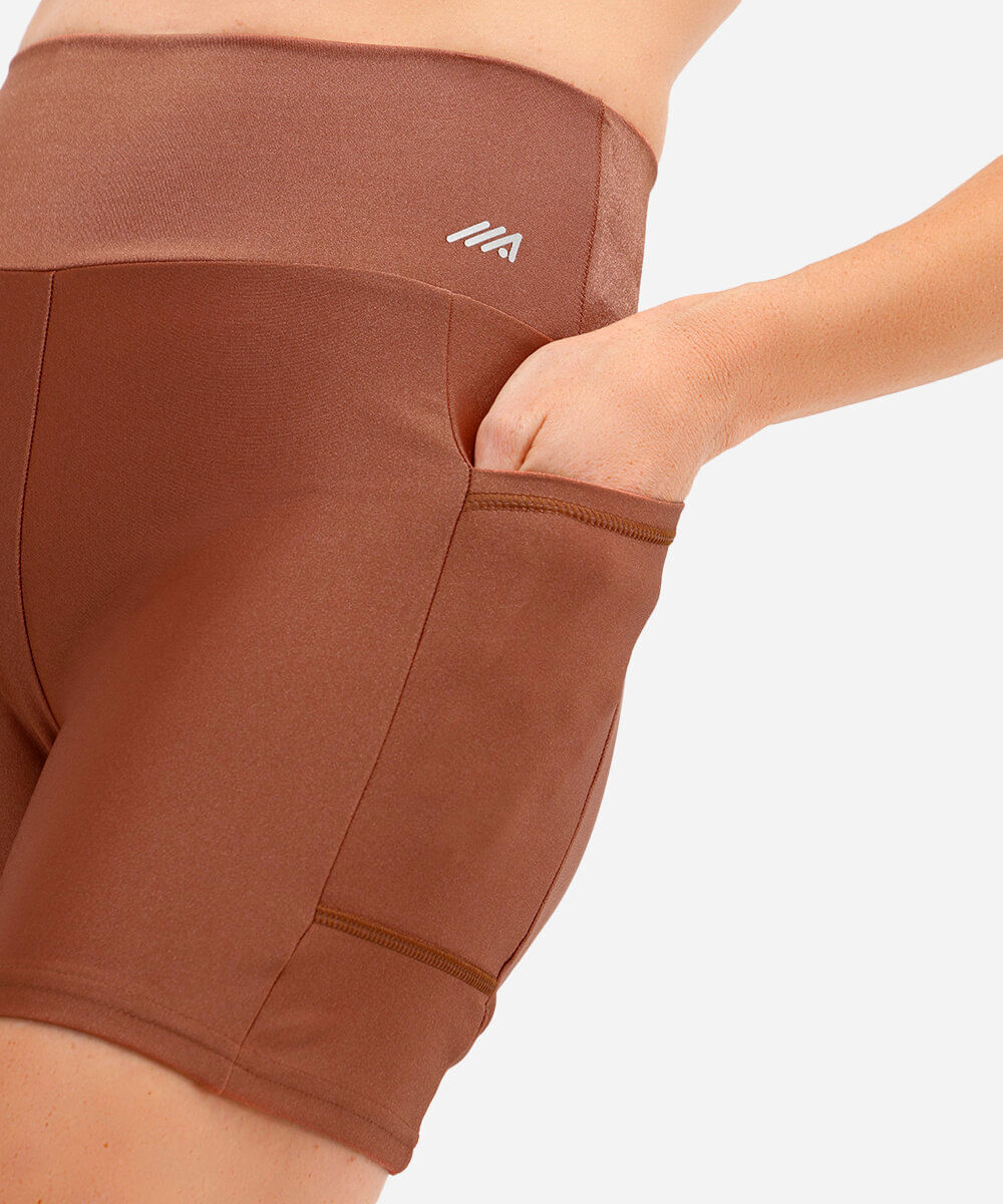 bermuda brilho com bolso cintura alta esportiva bronze