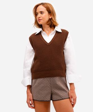colete feminino de tricot decote v marrom