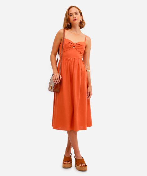 vestido midi feminino com linho e recorte laranja