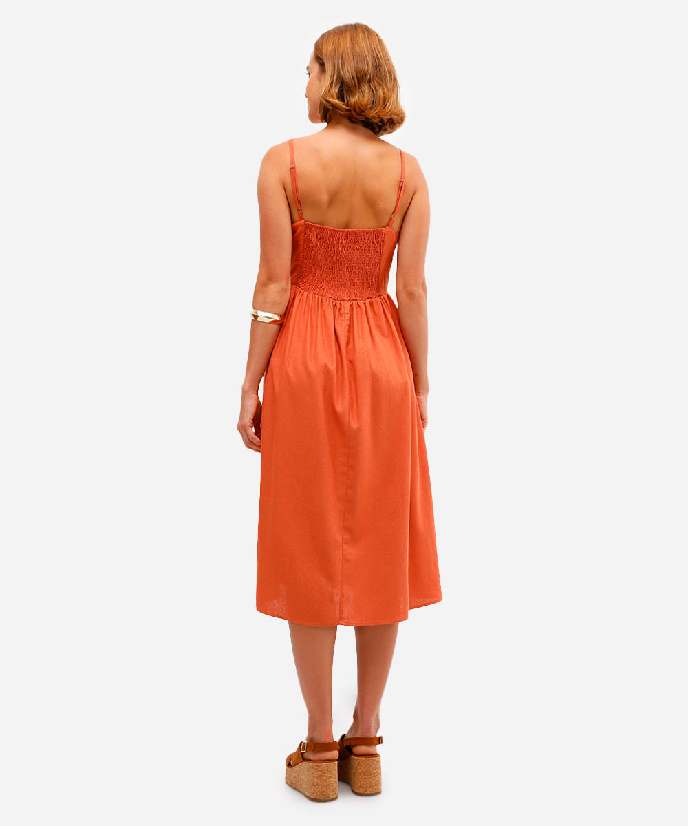 vestido midi feminino com linho e recorte laranja