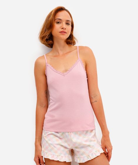 regata de pijama feminina canelada com renda rosa