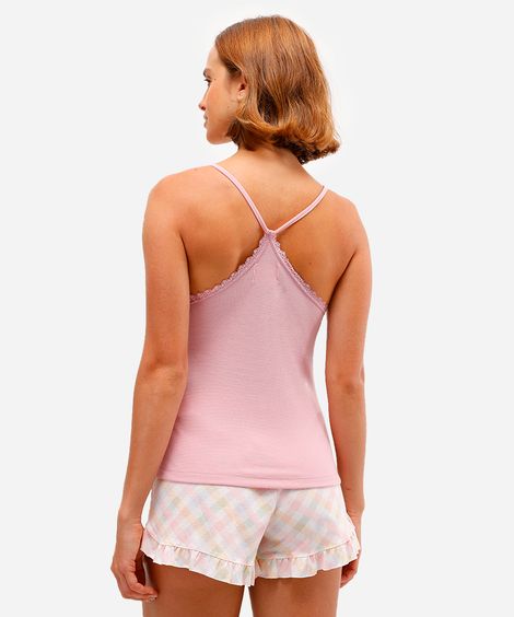 regata de pijama feminina canelada com renda rosa
