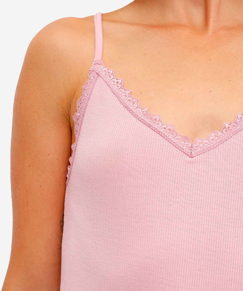 regata de pijama feminina canelada com renda rosa