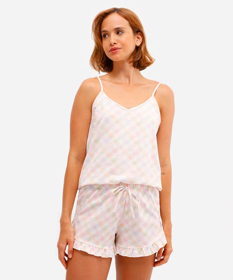 pijama short doll feminino xadrez off white