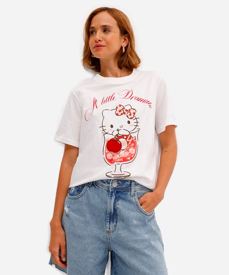 camiseta feminina de algodão hello kitty texturizada off white