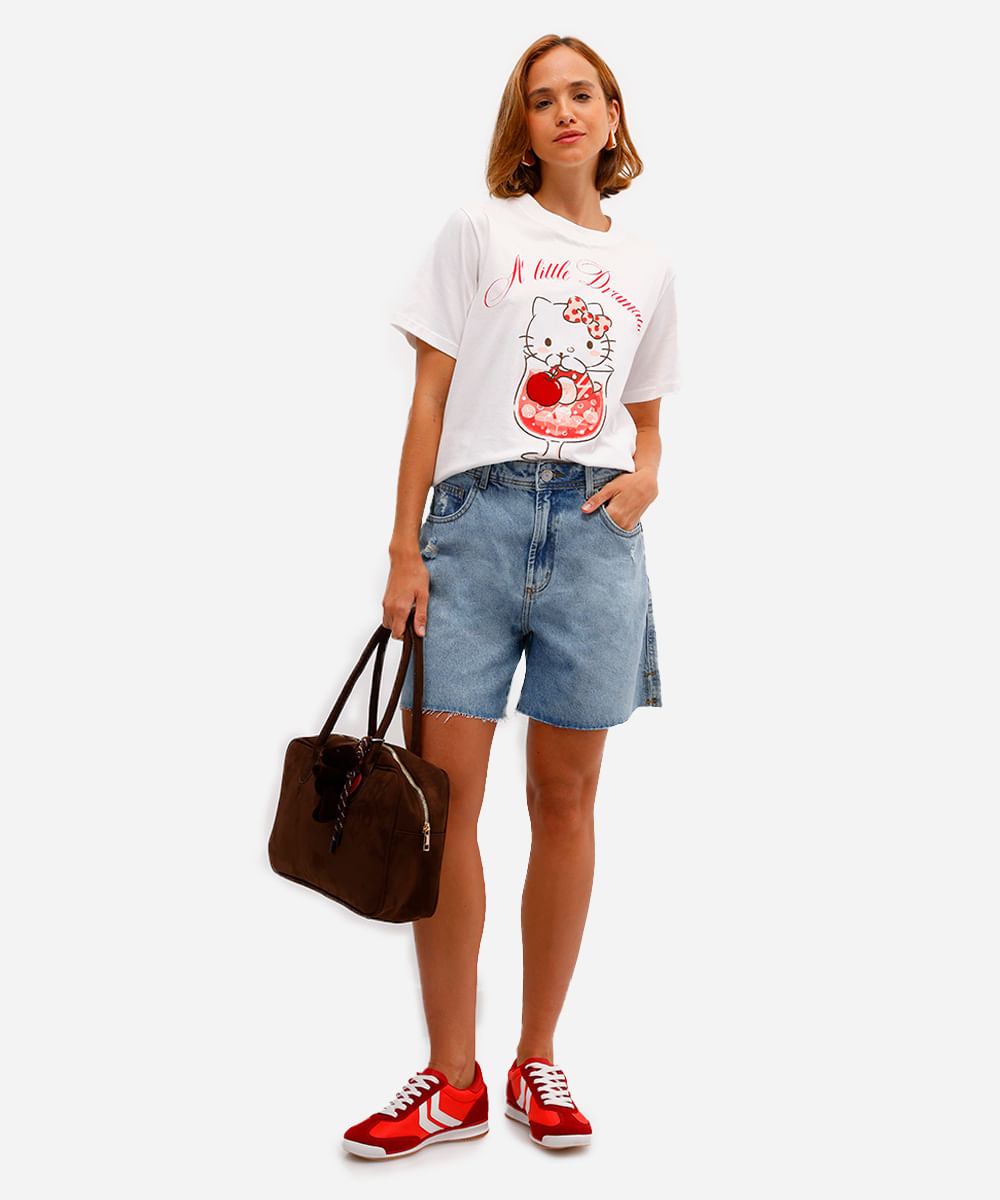 camiseta feminina de algodão hello kitty texturizada off white