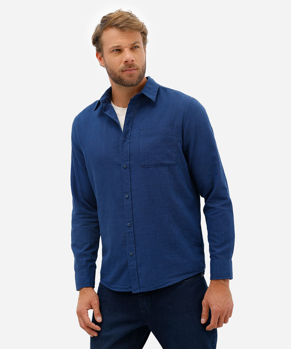 camisa comfort de algodão manga longa com bolso azul